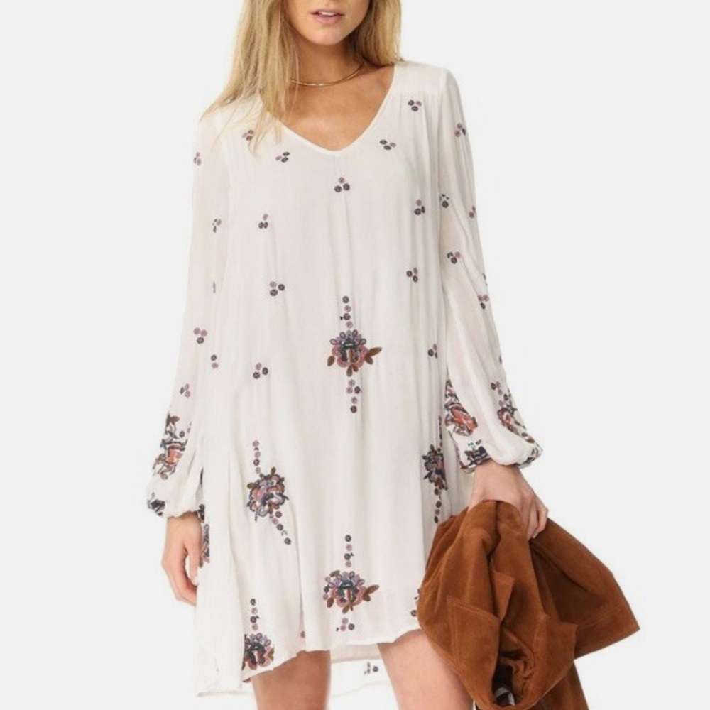 Free People White Long Sleeve Dress with Floral Accents - XS